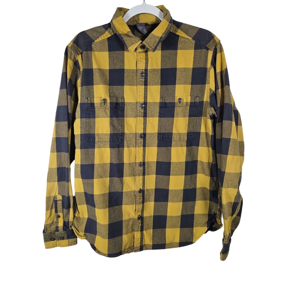 Mountain Hardwear Men M Yellow Black Buffalo Plaid Flannel Workwear Shirt Cotton